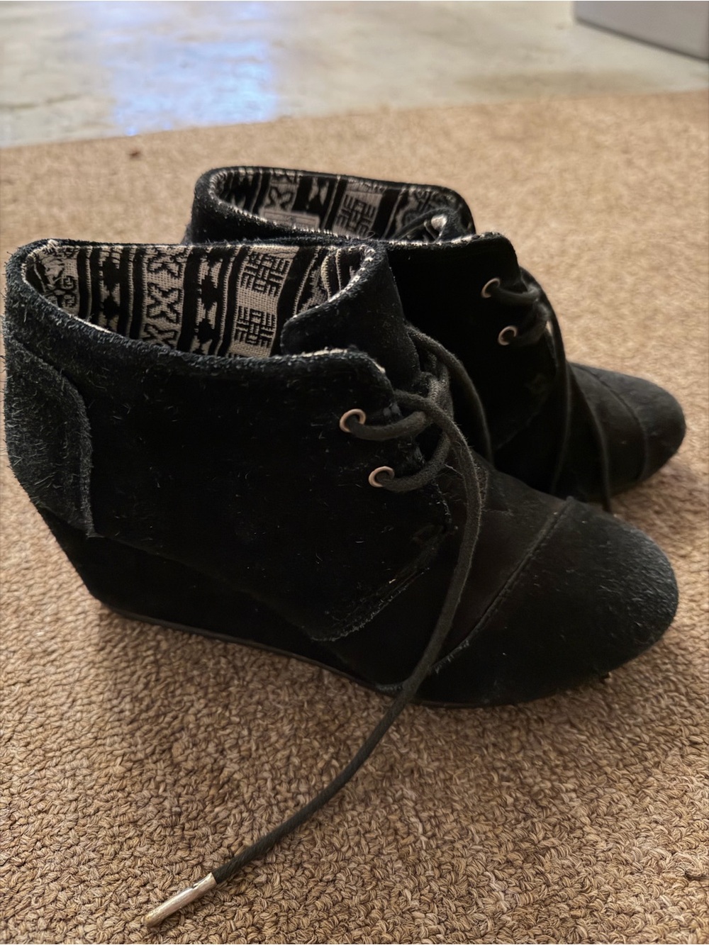 Toms Black Lace-Up Wedge Ankle Booties